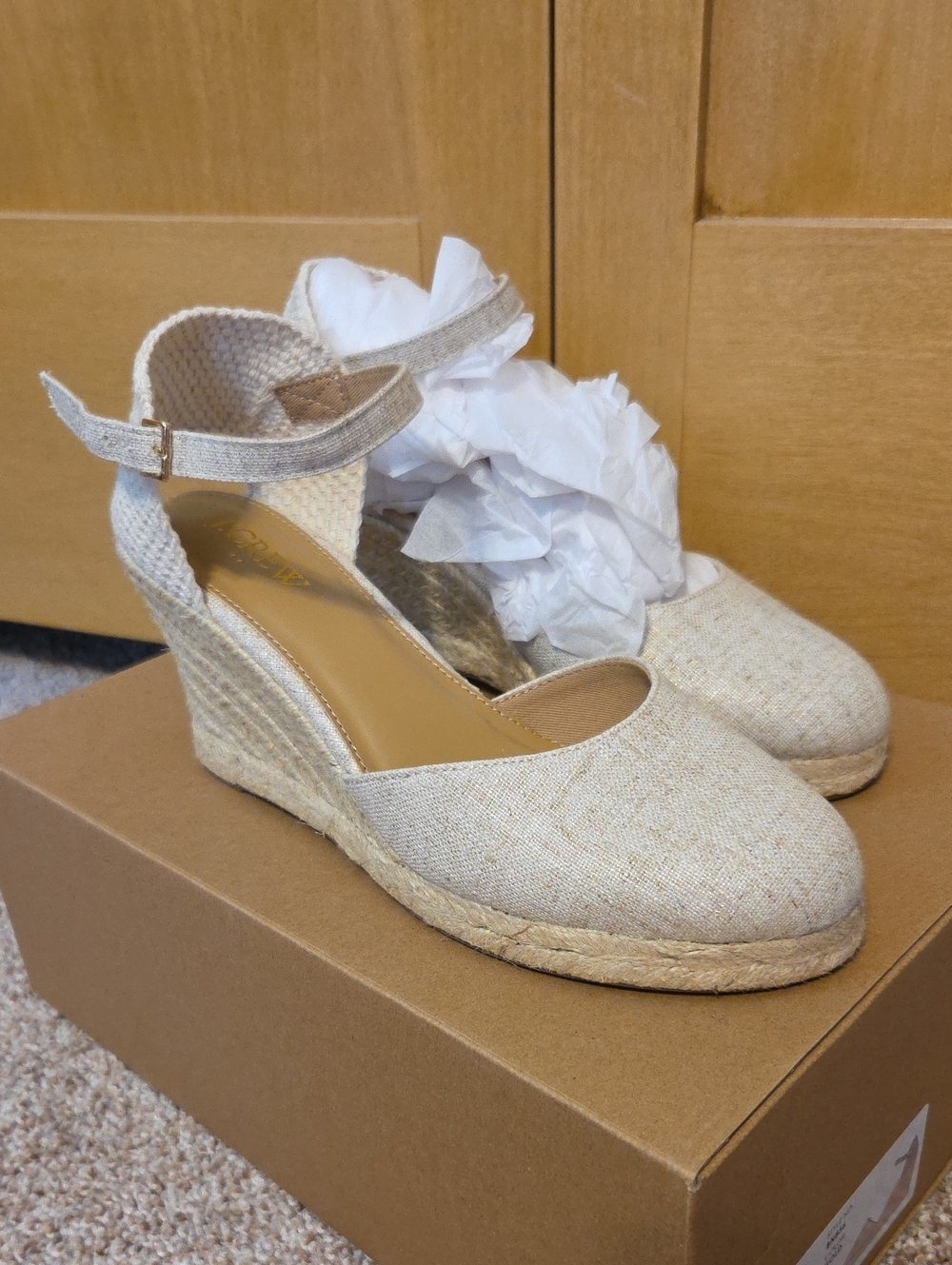 J. Crew Natural Linen Espadrille Wedge Sandals with Ankle Strap
